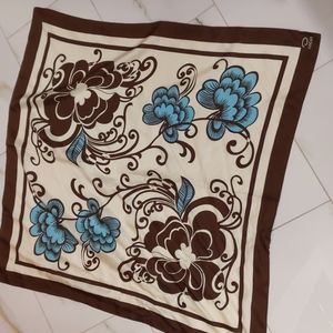 Oscar o'neil silk scarf.  34" square.  Cream, brown and teal.